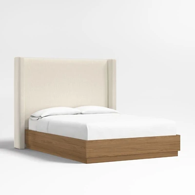 Arden 60" Ivory Upholstered Queen Headboard with Batten Brown Oak Bed Base