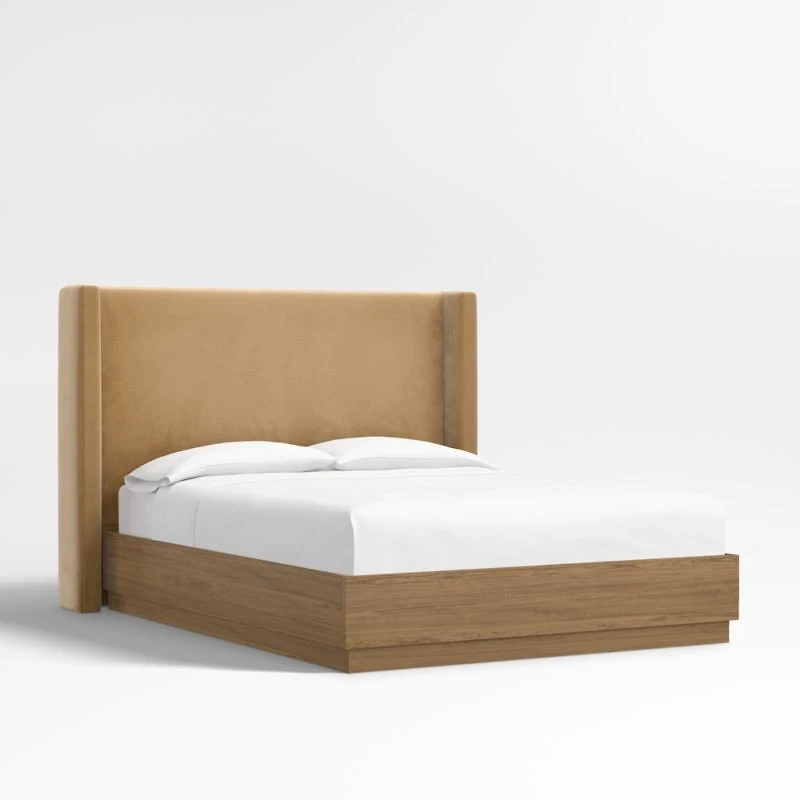 Arden 52" Brown Upholstered Queen Headboard with Batten Brown Oak Bed Base