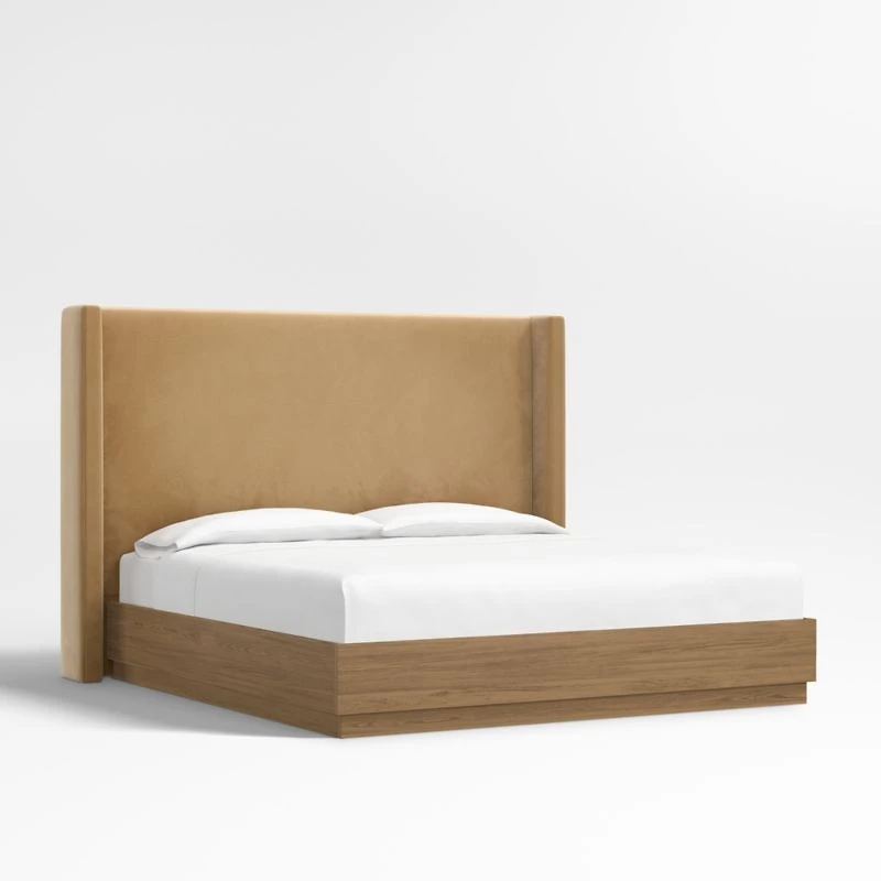 Arden 60" Camel Brown Upholstered King Headboard with Batten Brown Oak Bed Base