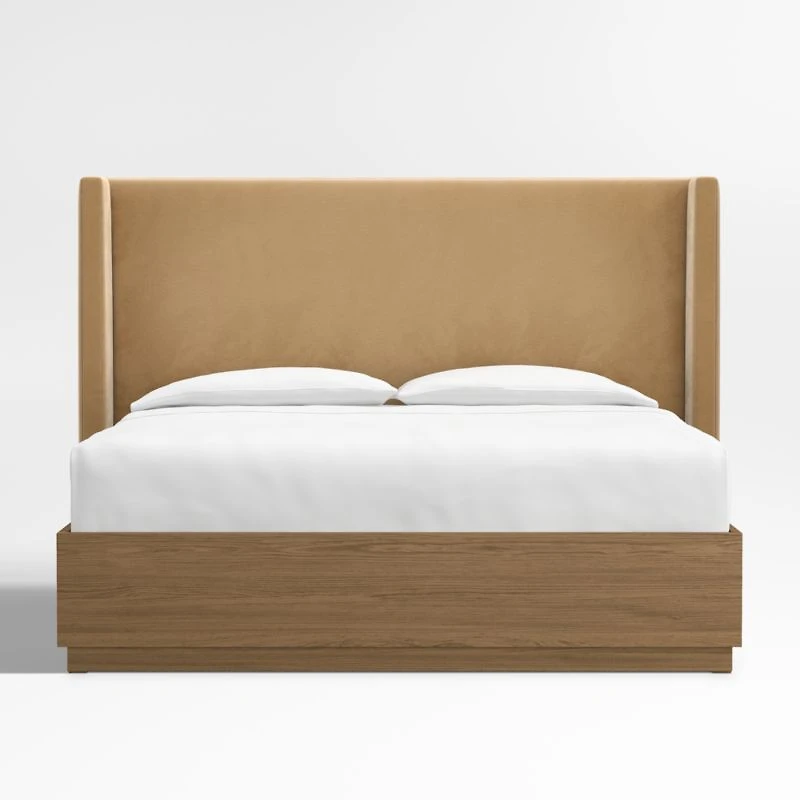 Arden 60" Camel Brown Upholstered King Headboard with Batten Brown Oak Storage Bed Base
