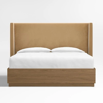 Arden 60" Camel Brown Upholstered King Headboard with Batten Brown Oak Storage Bed Base