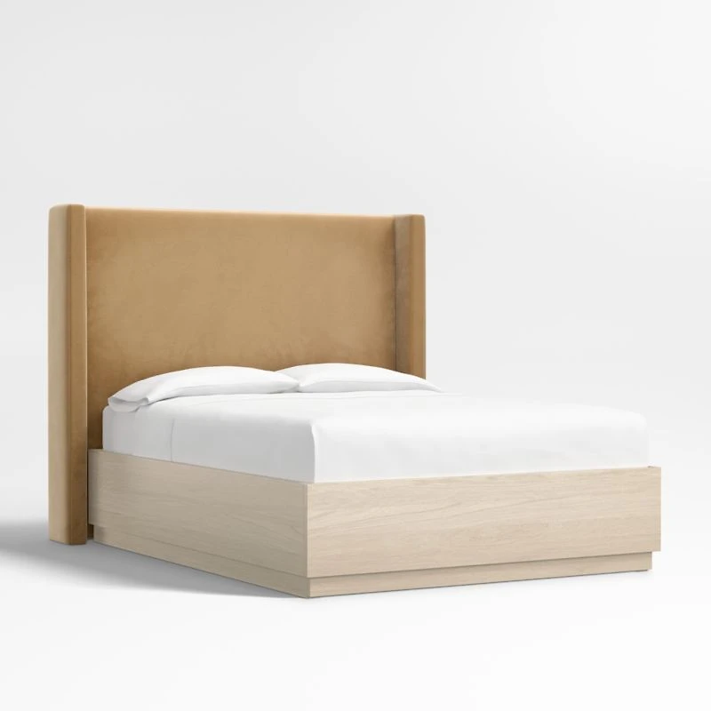 Arden 60" Camel Brown Upholstered Queen Headboard with Batten White Oak Storage Bed Base