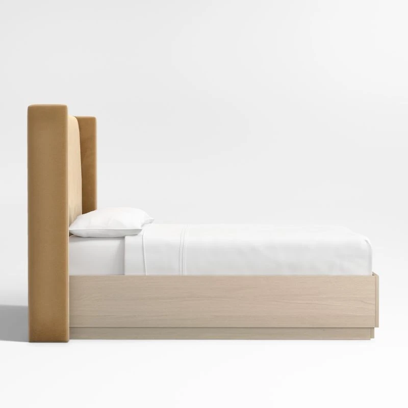 Arden 60" Camel Brown Upholstered Queen Headboard with Batten White Oak Storage Bed Base