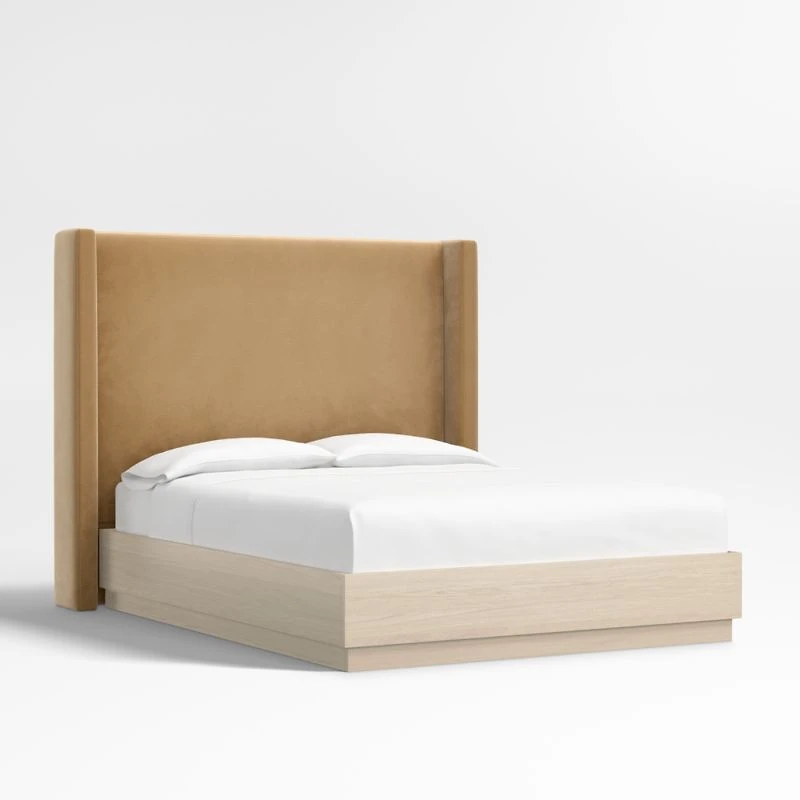 Arden 60" Camel Brown Upholstered Queen Headboard with Batten White Oak Bed Base