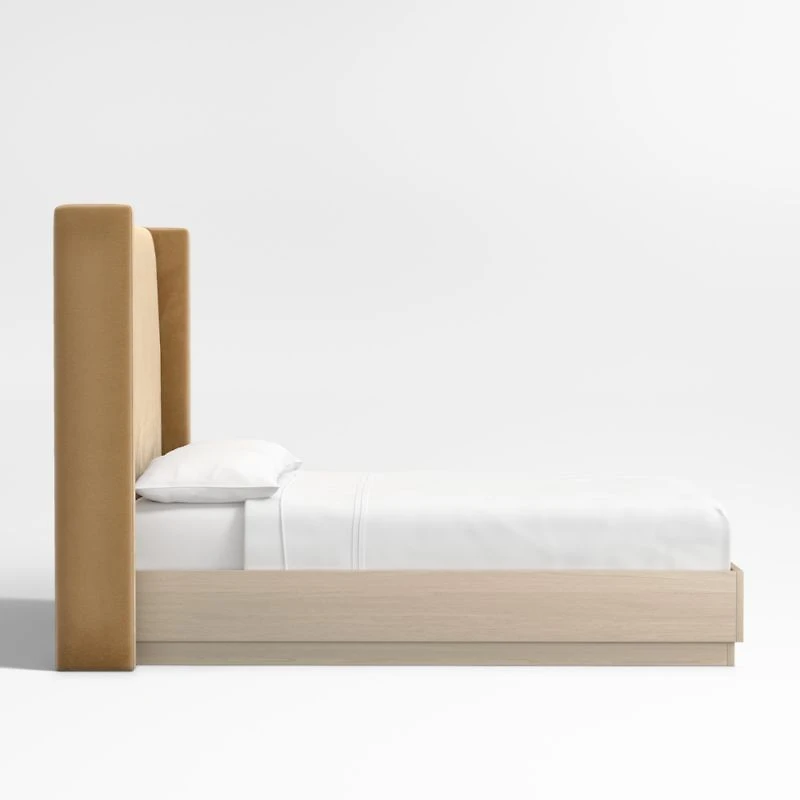 Arden 60" Camel Brown Upholstered Queen Headboard with Batten White Oak Bed Base
