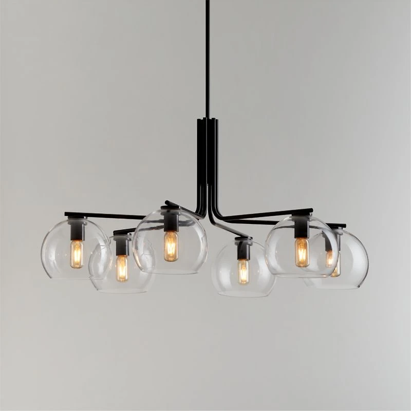 Arren Black Chandelier Light with Round Clear Glass Shades 37.5"
