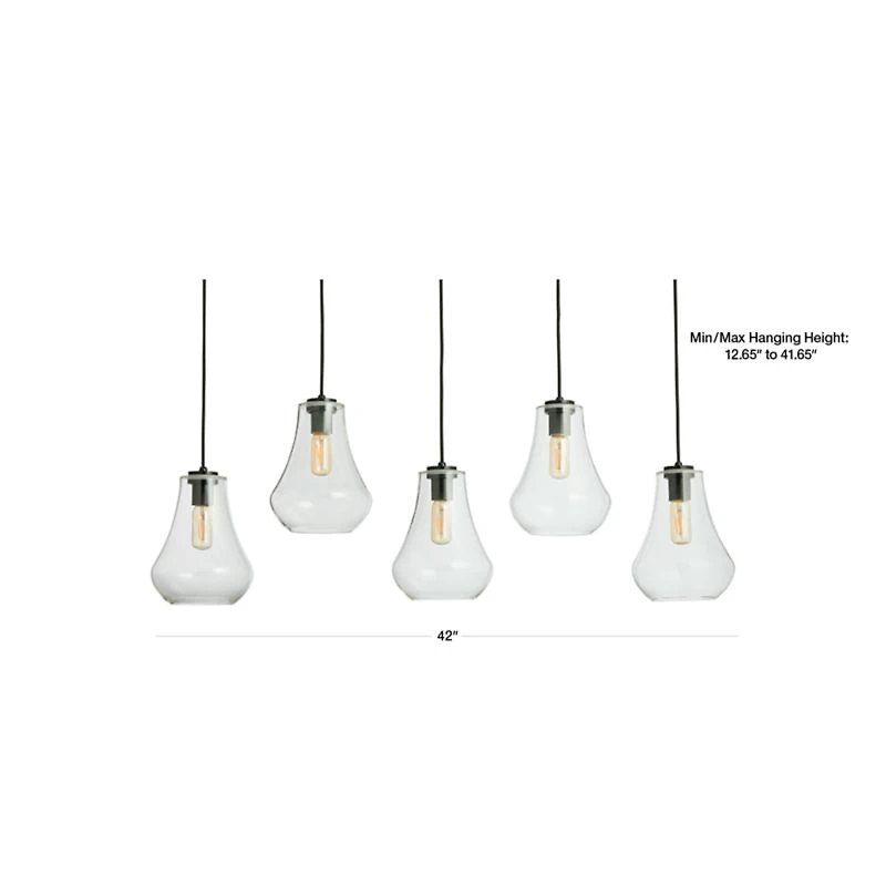 Arren Black 5-Light Linear Pendant with Round Silver Glass Shades 42"