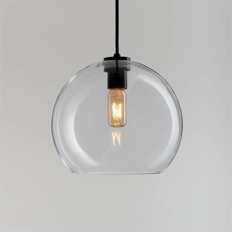 Arren Black Single Pendant Light with Large Round Clear Glass Shade 10.5"