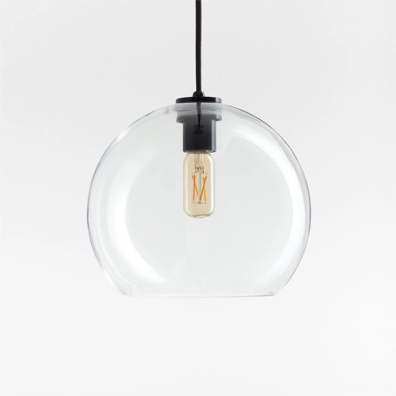 Arren Black Single Pendant Light with Large Round Clear Glass Shade 10.5"