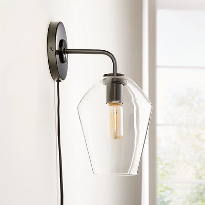 Arren Black Plug In Wall Sconce Light with Clear Angled Shade