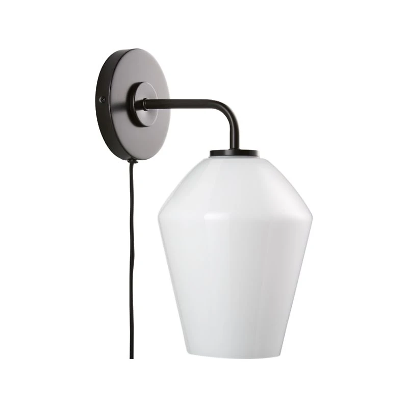 Arren Black Plug In Wall Sconce Light with Milk Angled Shade