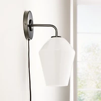 Arren Black Plug In Wall Sconce Light with Milk Angled Shade