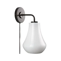 Arren Black Plug In Wall Sconce Light with Milk Teardrop Shade