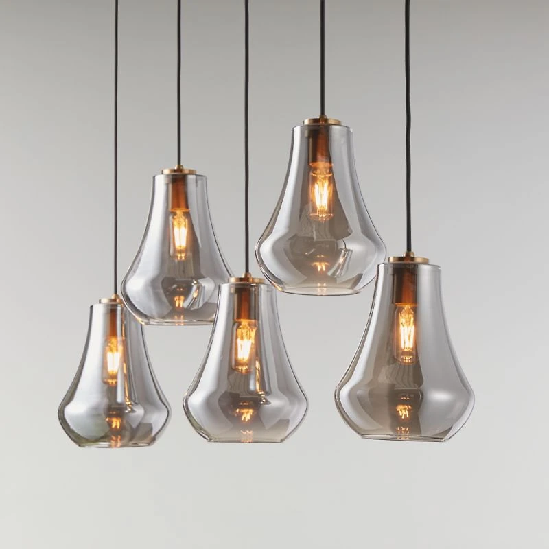 Arren Brass 5-Light Linear Pendant with Teardrop Silver Glass Shades