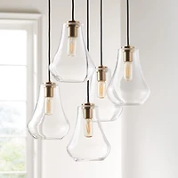 Arren Brass 5-Light Round Pendant with Teardrop Clear Glass Shades