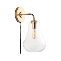 Arren Brass Plug In Wall Sconce Light with Clear Teardrop Shade