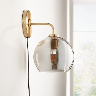 Arren Brass Plug In Wall Sconce Light with Silver Round Shade