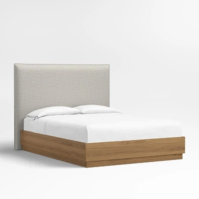 Arvada 54" Mist Grey Upholstered Queen Headboard with Batten Brown Oak Bed Base