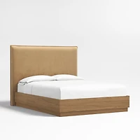 Arvada 54" Camel Brown Upholstered Queen Headboard with Batten Brown Oak Bed Base