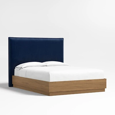 Arvada 54" Navy Queen Upholstered Headboard with Batten Brown Oak Bed Base
