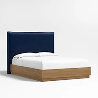 Arvada 54" Navy Queen Upholstered Headboard with Batten Brown Oak Bed Base