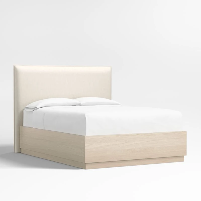 Arvada 54" Ivory Upholstered Queen Headboard with Batten White Oak Storage Bed Base