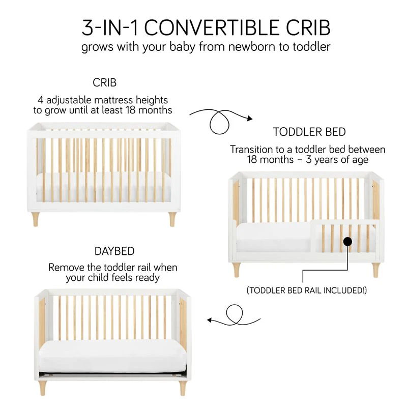 Babyletto Lolly White & Natural Wood 3-in-1 Convertible Baby Crib with Toddler Bed Conversion Kit
