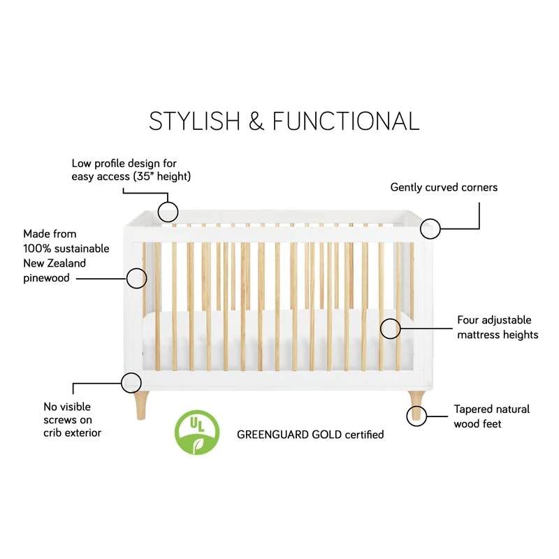 Babyletto Lolly White & Natural Wood 3-in-1 Convertible Baby Crib with Toddler Bed Conversion Kit