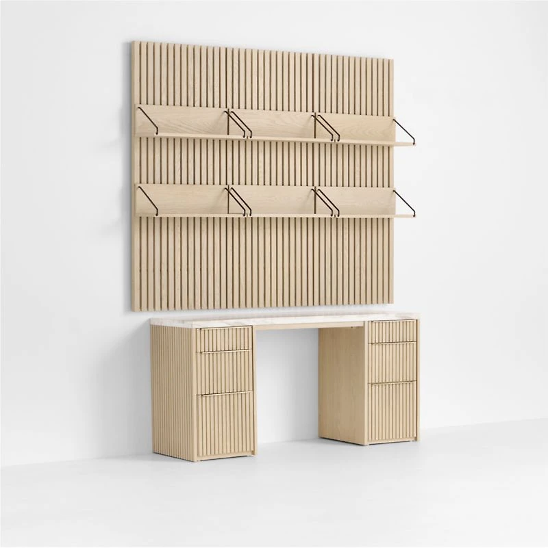 Batten 61.5" Natural Oak Wood Desk with White Marble Top and Panel Set with 6 Reversible Shelves