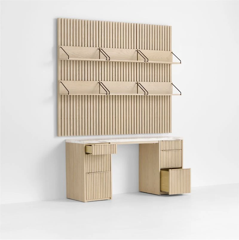 Batten 61.5" Natural Oak Wood Desk with White Marble Top and Panel Set with 6 Reversible Shelves