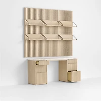 Batten 61.5" Natural Oak Wood Desk with White Marble Top and Panel Set with 6 Reversible Shelves