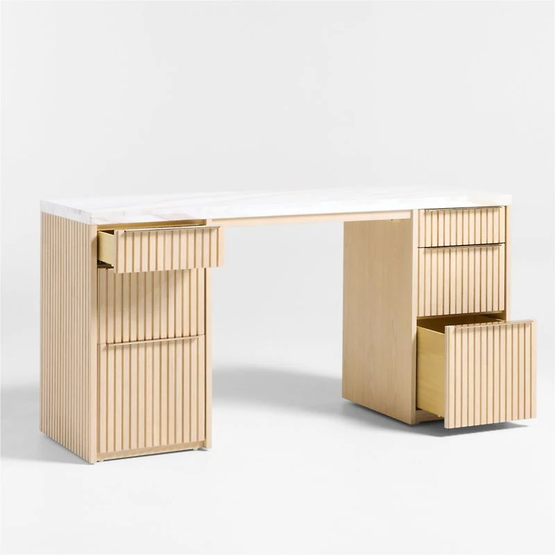 Batten 61.5" Natural Oak Wood Desk with White Marble Top and Panel Set with 6 Reversible Shelves