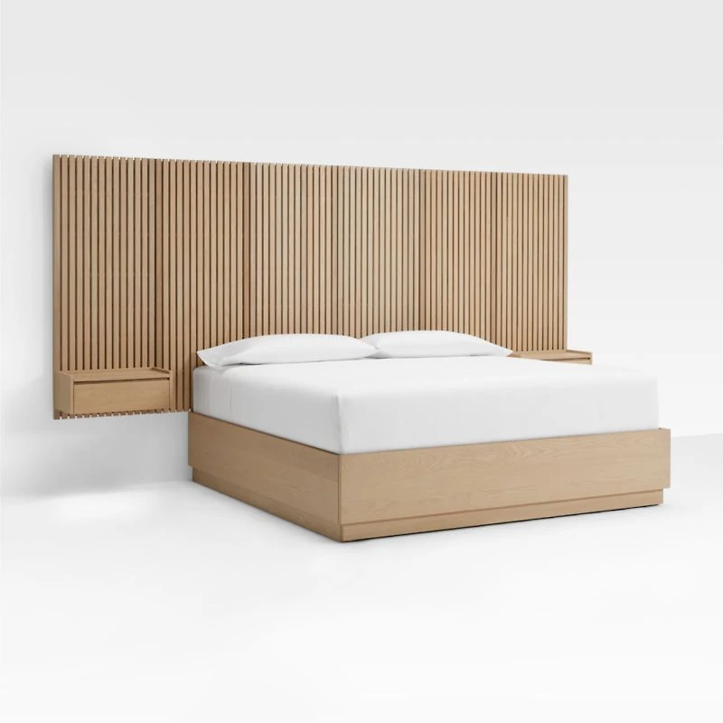 Batten White Oak King Plinth-Base Storage Bed and Nightstands