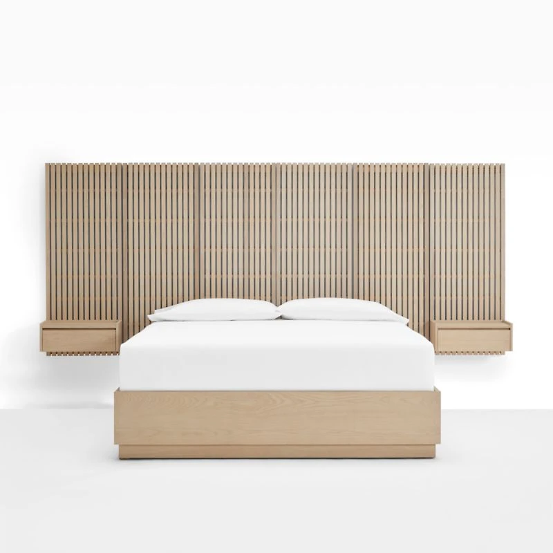 Batten White Oak Queen Plinth-Base Storage Bed and Nightstands