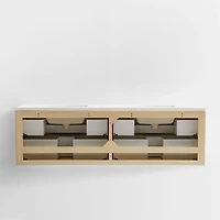 Batten 72" White Marble Top and Oak Wood Double Sink Floating Vanity