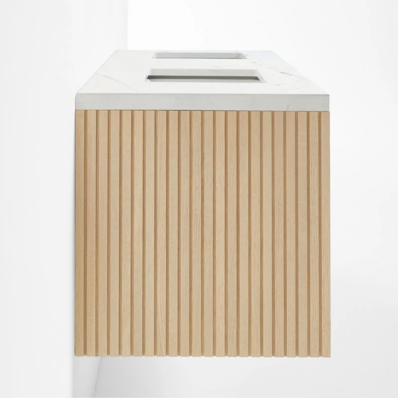 Batten 72" White Marble Top and Oak Wood Double Sink Floating Vanity