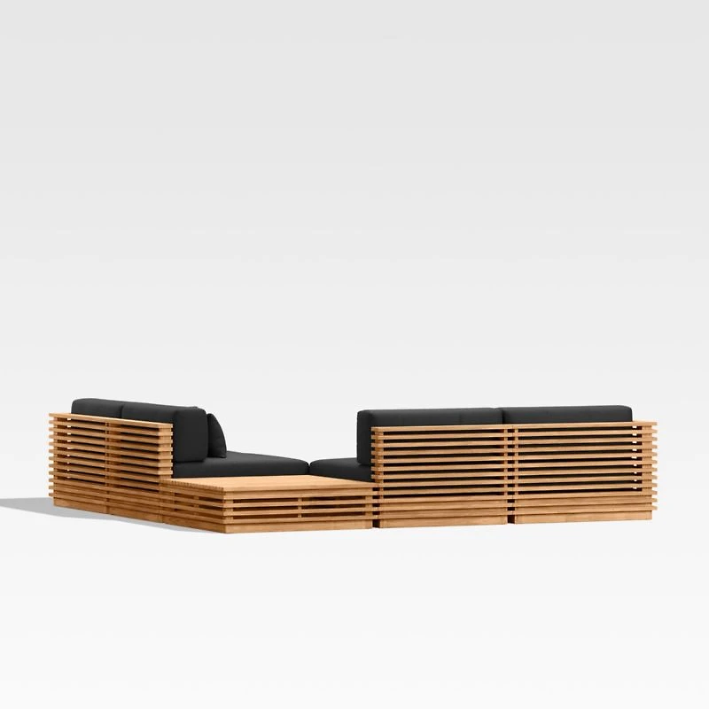 Batten Natural Teak 5-Piece L-Shaped Outdoor Sectional Sofa with Corner Coffee Table & Canvas Black Sunbrella ® Cushions