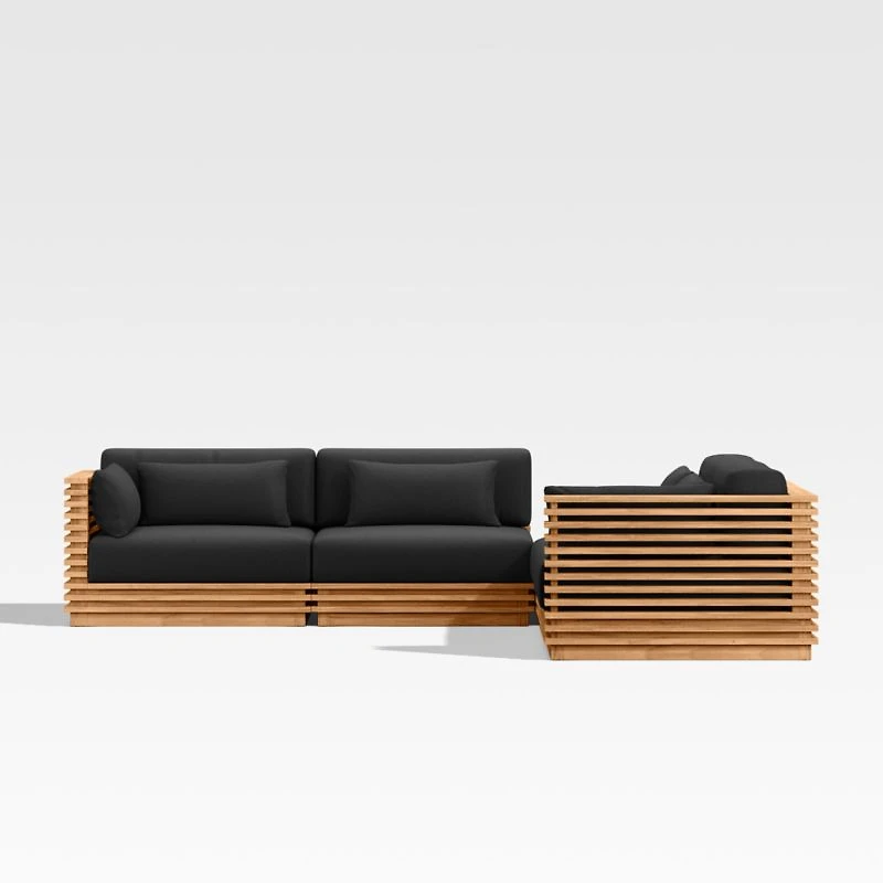 Batten Natural Teak 5-Piece L-Shaped Outdoor Sectional Sofa with Corner Coffee Table & Canvas Black Sunbrella ® Cushions