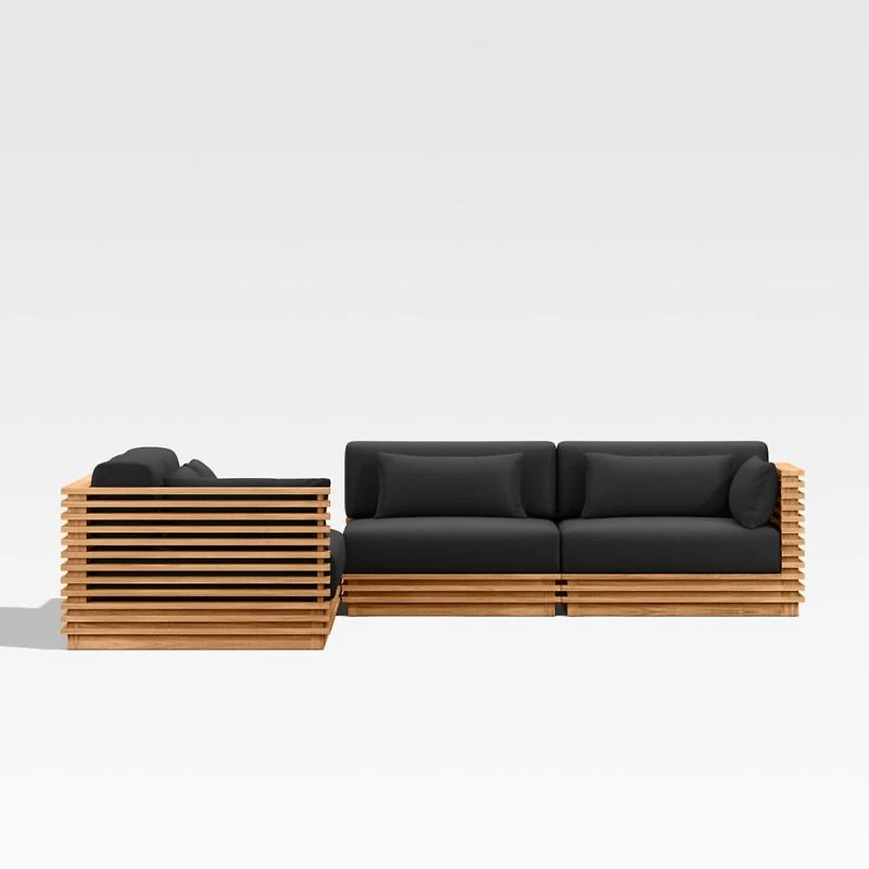 Batten Natural Teak 5-Piece L-Shaped Outdoor Sectional Sofa with Corner Coffee Table & Canvas Black Sunbrella ® Cushions