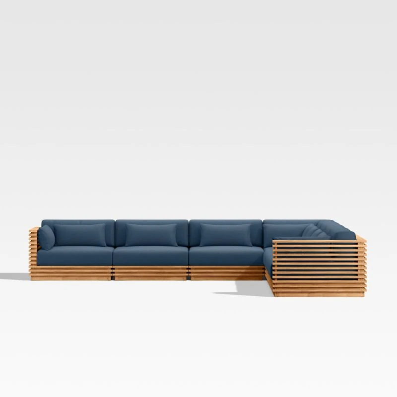 Batten Natural Teak 7-Piece L-Shaped Outdoor Sectional Sofa with Cast Harbor Navy Blue Sunbrella ® Cushions