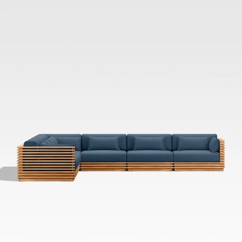 Batten Natural Teak 7-Piece L-Shaped Outdoor Sectional Sofa with Cast Harbor Navy Blue Sunbrella ® Cushions