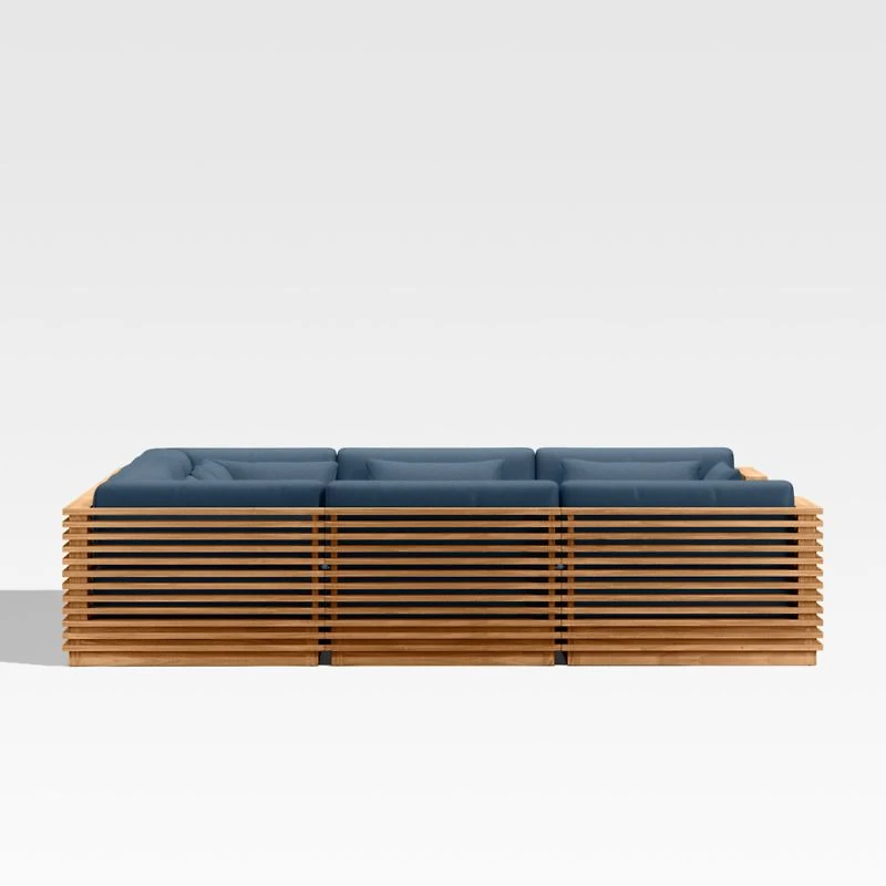 Batten Natural Teak 8-Piece U-Shaped Outdoor Sectional Sofa with Cast Harbor Navy Blue Sunbrella ® Cushions