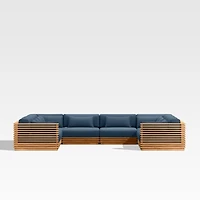 Batten Natural Teak 8-Piece U-Shaped Outdoor Sectional Sofa with Cast Harbor Navy Blue Sunbrella ® Cushions
