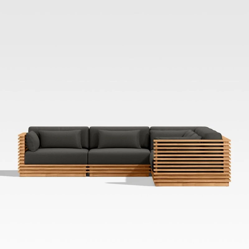 Batten Natural Teak 5-Piece L-Shaped Outdoor Sectional Sofa with Charcoal Cushions