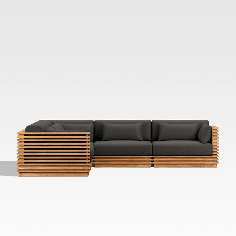 Batten Natural Teak 5-Piece L-Shaped Outdoor Sectional Sofa with Charcoal Cushions