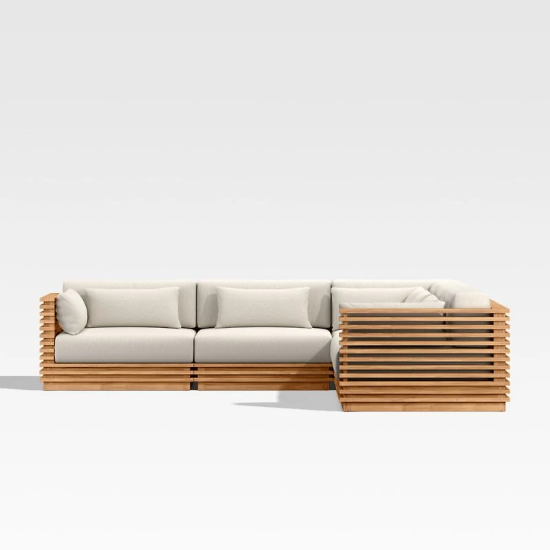 Batten Natural Teak 5-Piece L-Shaped Outdoor Sectional Sofa with Oat Cushions