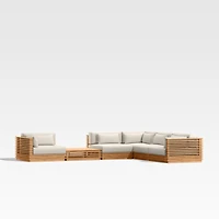 Batten Natural Teak 6-Piece L-Shaped Outdoor Sectional Sofa with Side Coffee Table & Cast Shale Brown Sunbrella ® Cushions