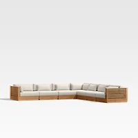 Batten Natural Teak 7-Piece L-Shaped Outdoor Sectional Sofa with Cast Harbor Navy Blue Sunbrella ® Cushions