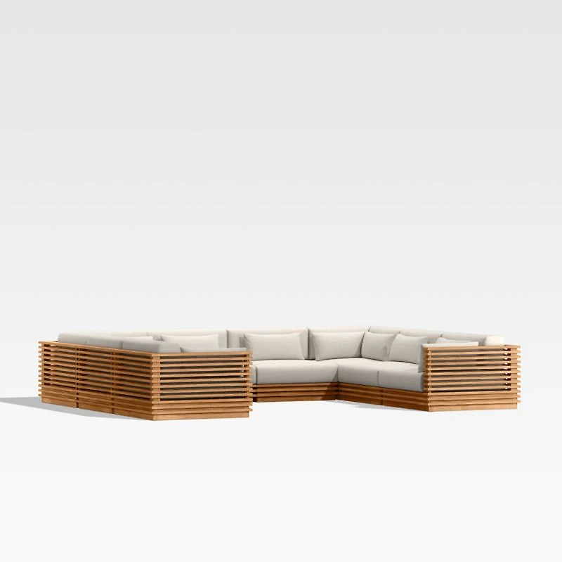 Batten Natural Teak 8-Piece U-Shaped Outdoor Sectional Sofa with Cast Harbor Navy Blue Sunbrella ® Cushions