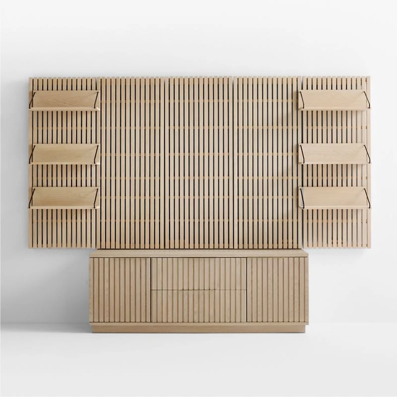 Batten White Oak Storage Media Console Set with 5 Panels and Reversible Shelves